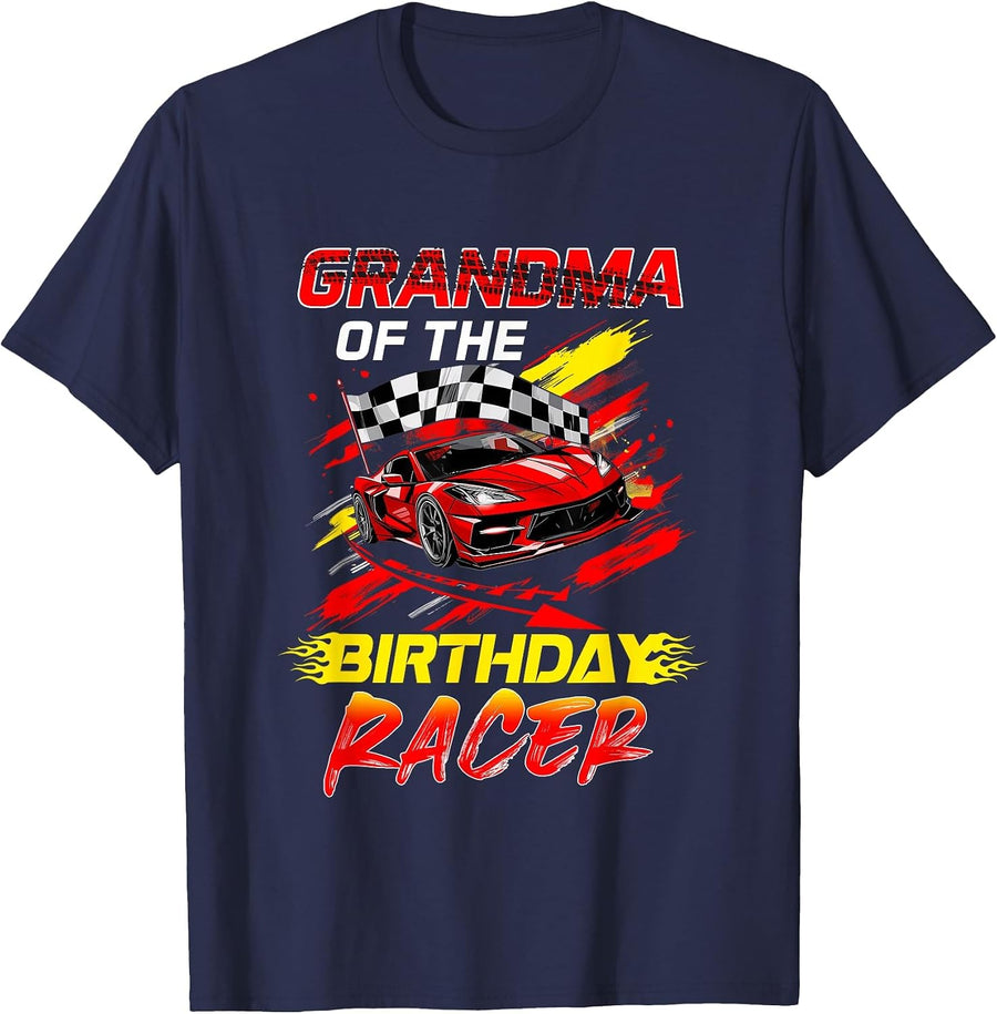 Grandma of The Birthday Racer Race Car Party Family Matching T-Shirt - Navy Blue