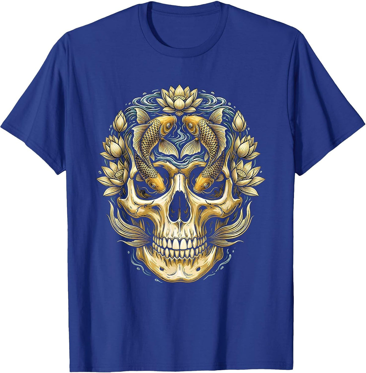 Skull and Koi Fish Art Design T-Shirt - Royal Blue