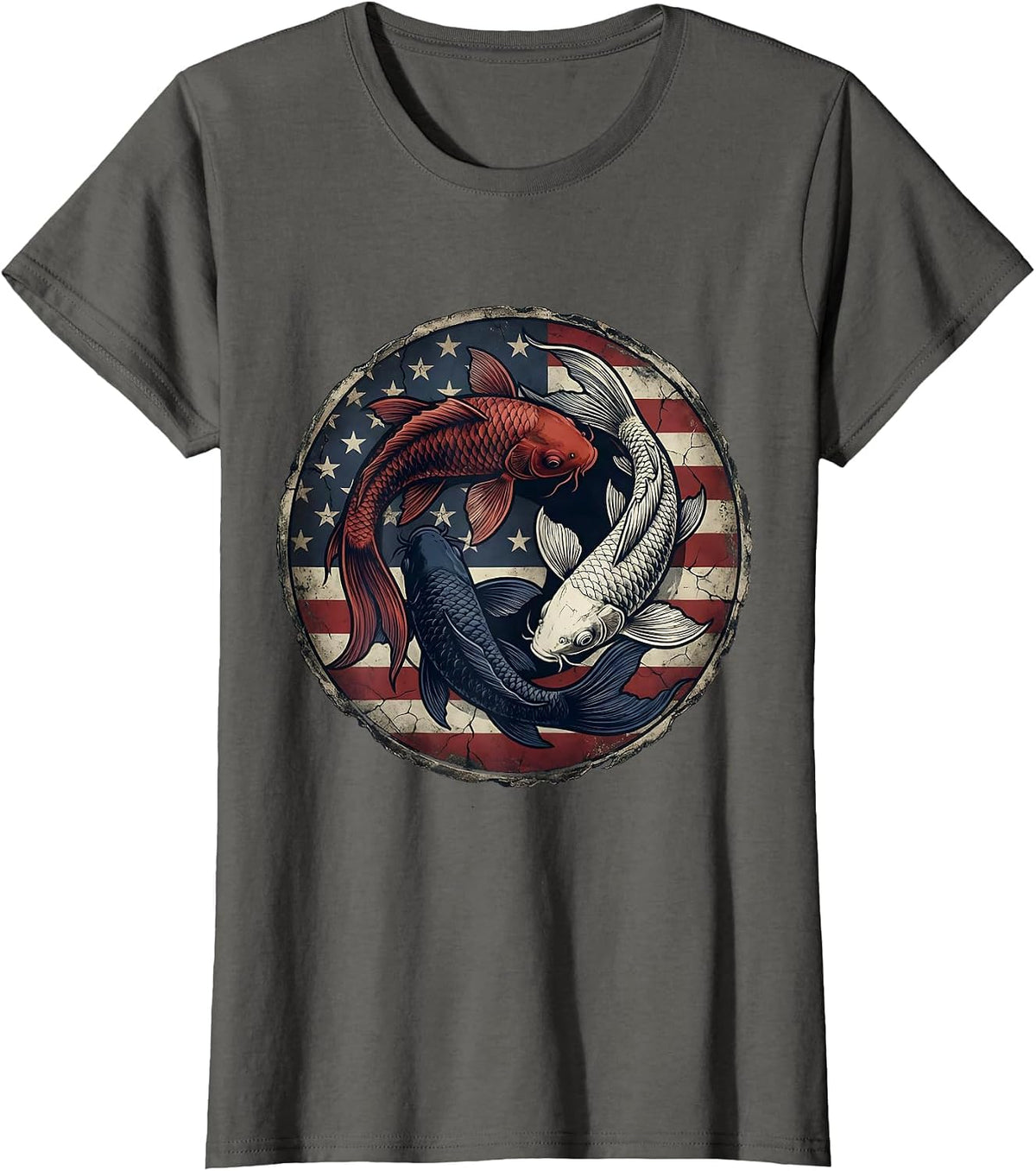 Women's Red White and Blue Koi Fish Intertwined Design T-Shirt - Asphalt Grey