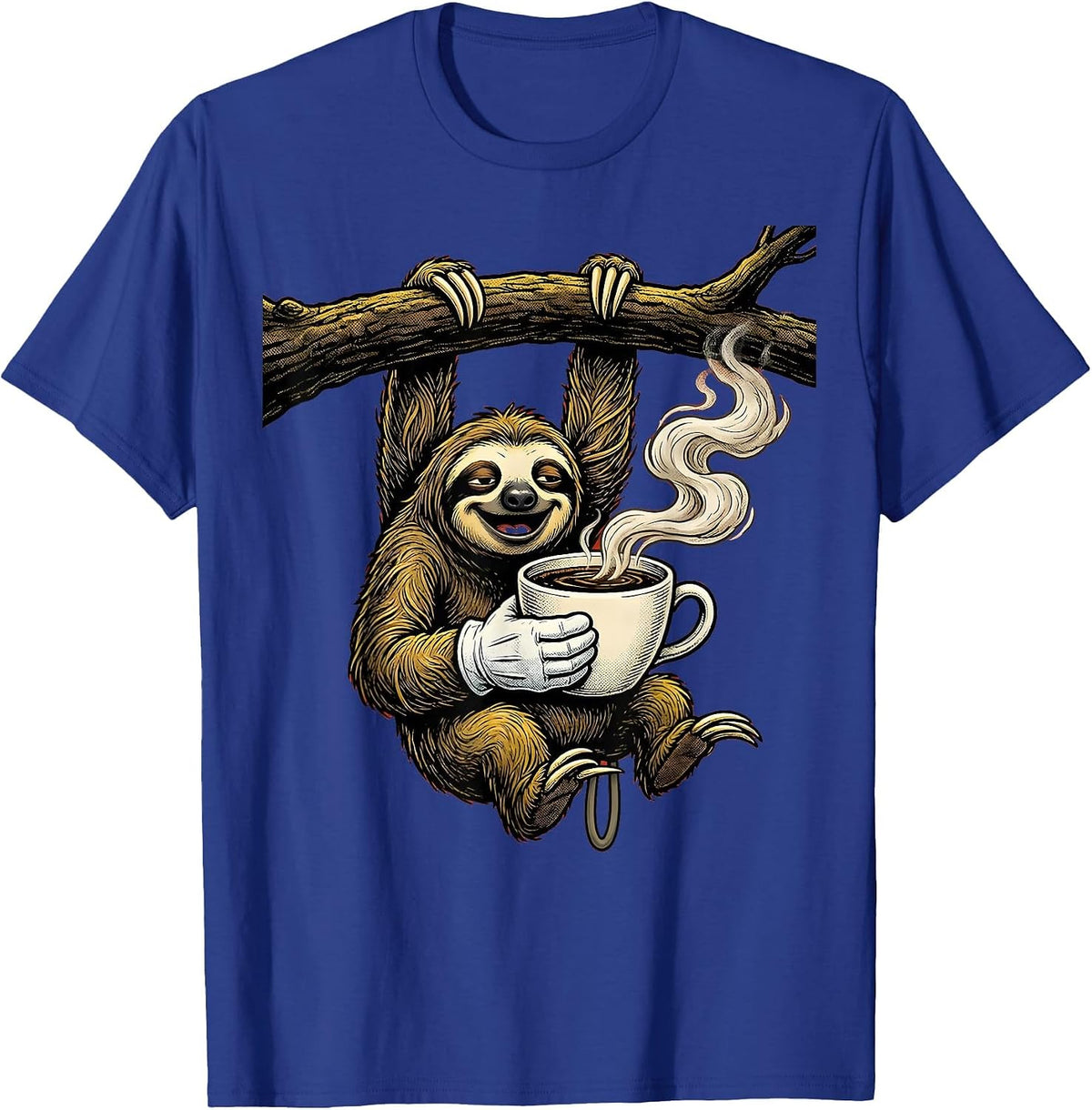 Funny Sloth Hanging Upside Down With Coffee T-Shirt - Royal Blue
