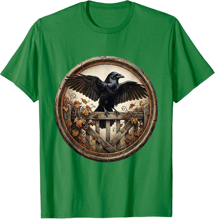 Men's Cottagecore Crow on Garden Gate Autumn Art T-Shirt - Kelly Green