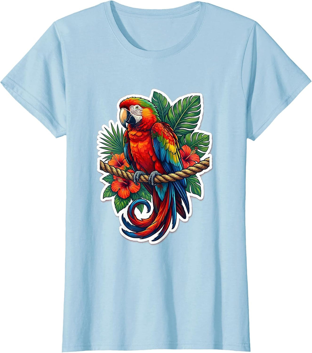 Tropical Parrot on Braided Rope Perch Hawaiian T-Shirt - Baby Blue