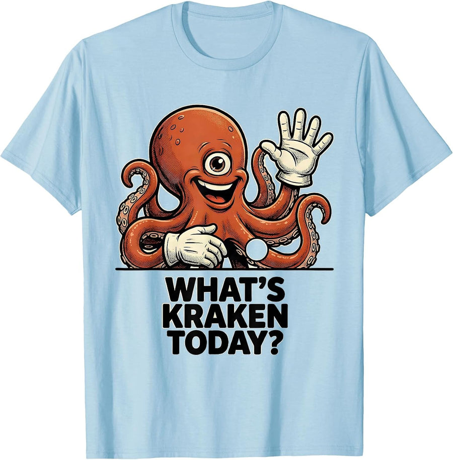 Men's What's Kraken Today? Retro Cartoon Octopus Lover Vintage T-Shirt - Baby Blue