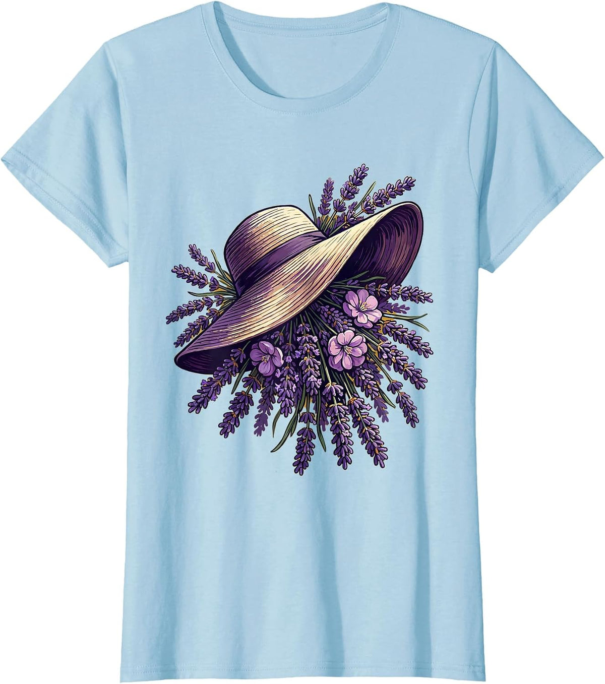 Gigi Lavender Field Sunhat Lounging Illustration T-Shirt - Baby Blue