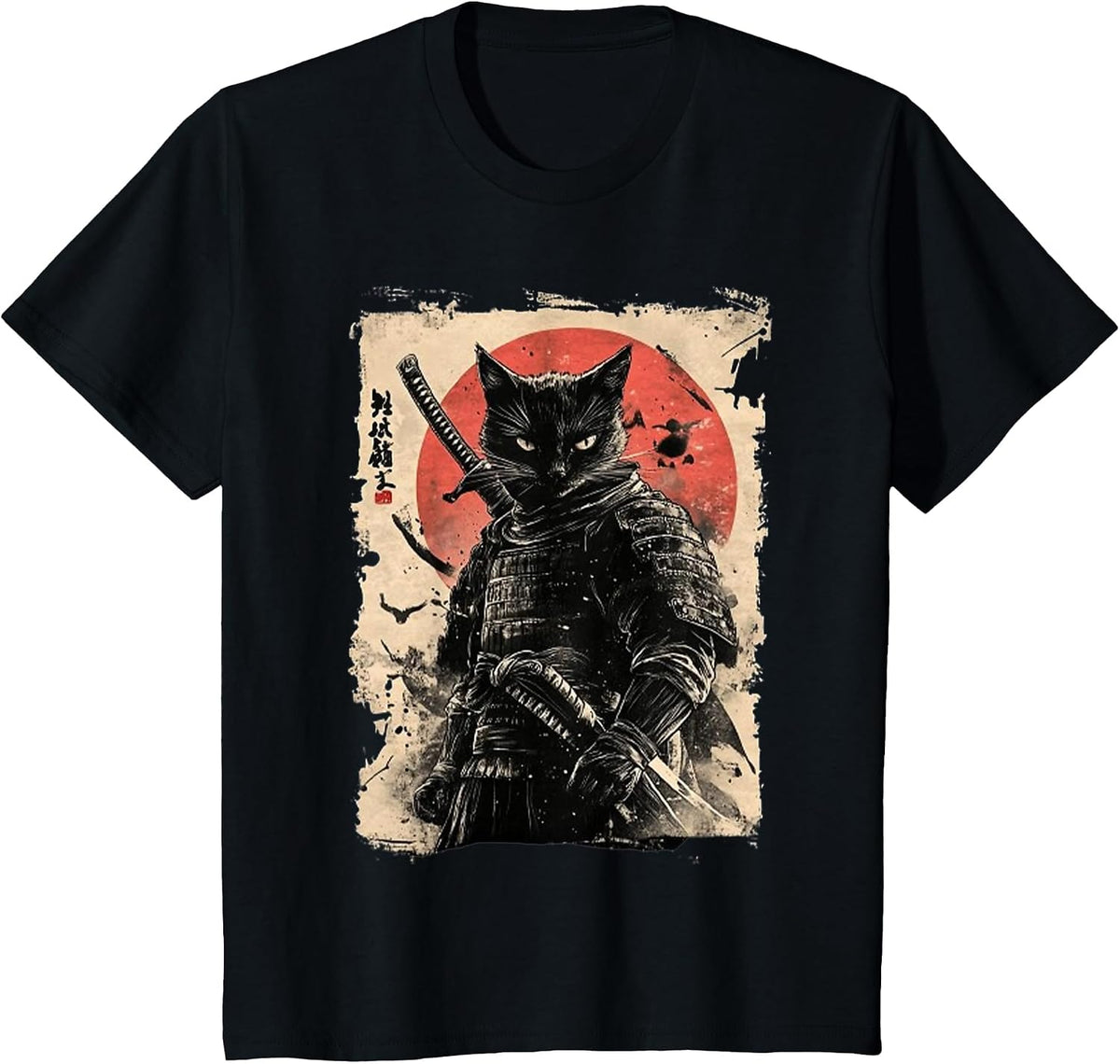 Vintage Japanese Art Anime Graphic Samurai cat Warrior T-Shirt - Black