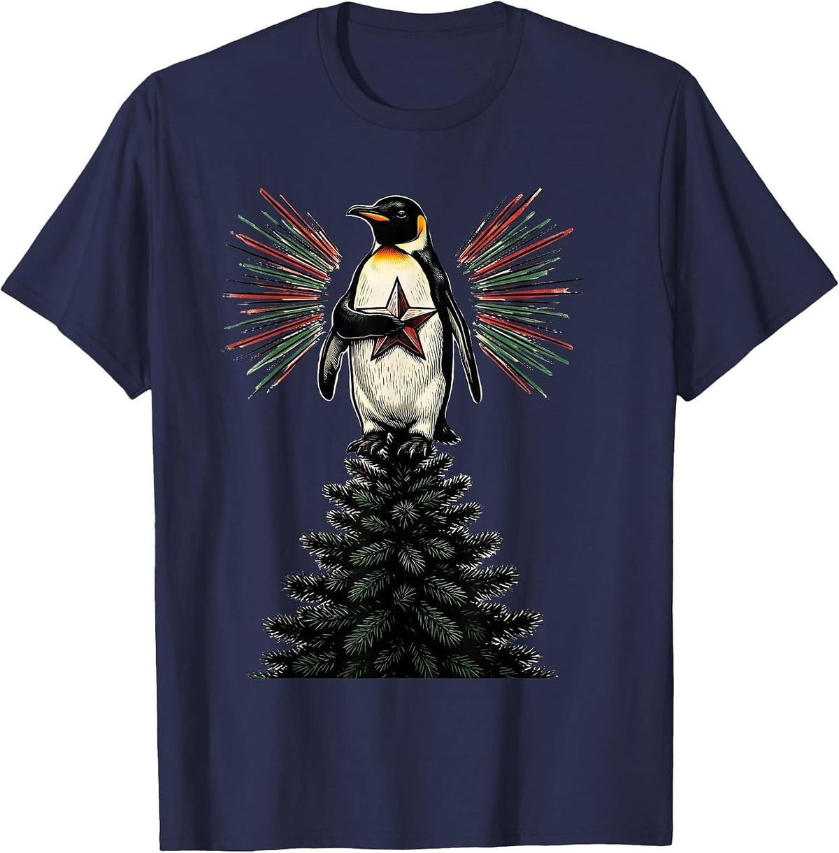 Men's Penguin in Pajamas Christmas Tree Star Holiday Humor T-Shirt - Navy Blue