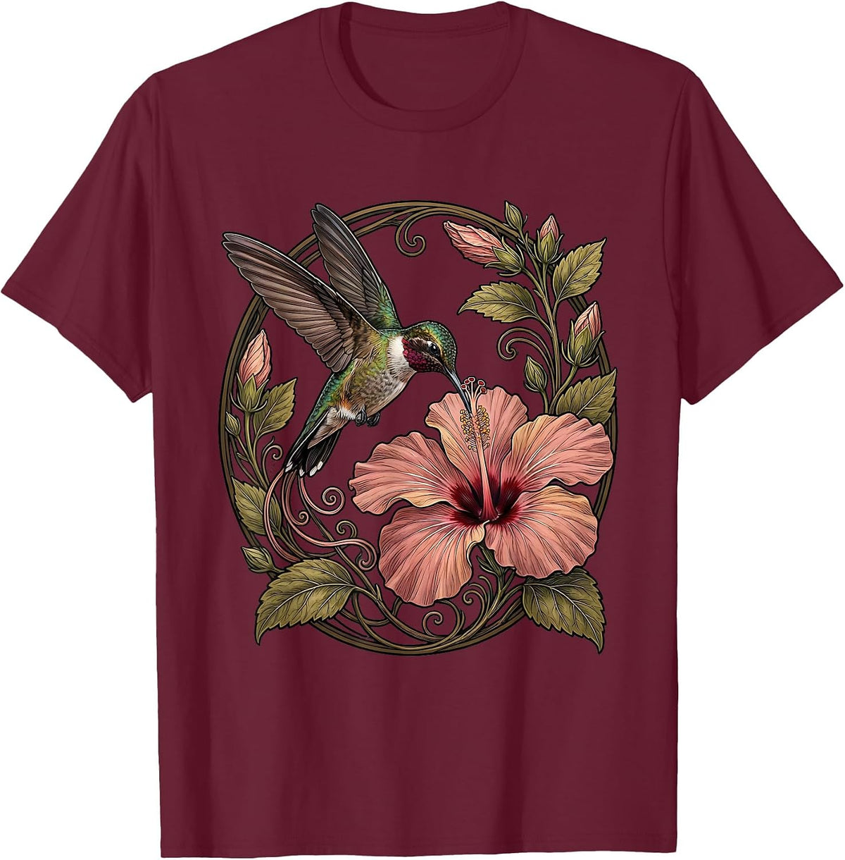 Gigi Hummingbird Hibiscus Floral Illustration T-Shirt - Burgundy