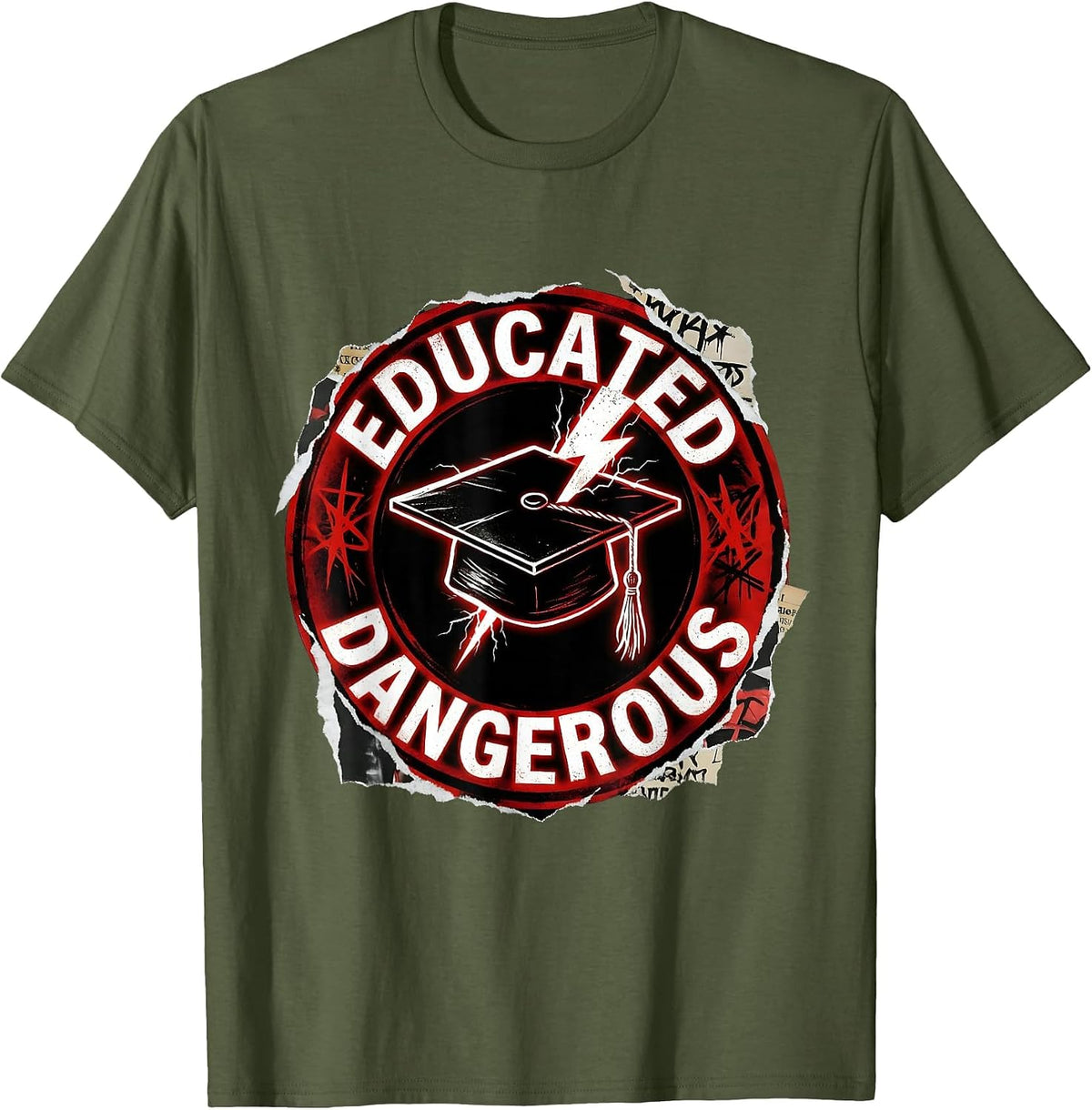 Educated & Dangerous Collegiate Punk Metal Design T-Shirt - Olive Green