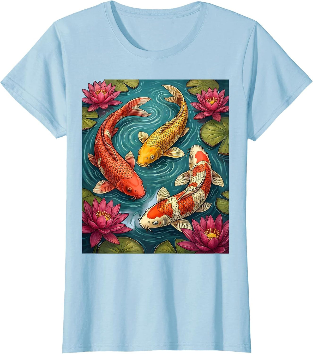 Colorful Koi Fish Lily Pond Hawaiian Design T-Shirt - Baby Blue