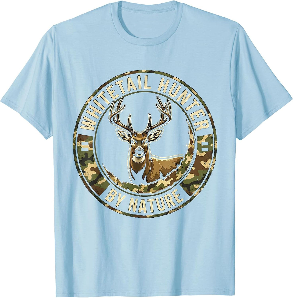Men's Whitetail Hunter By Nature Distressed Camo Dad Humor T-Shirt - Baby Blue