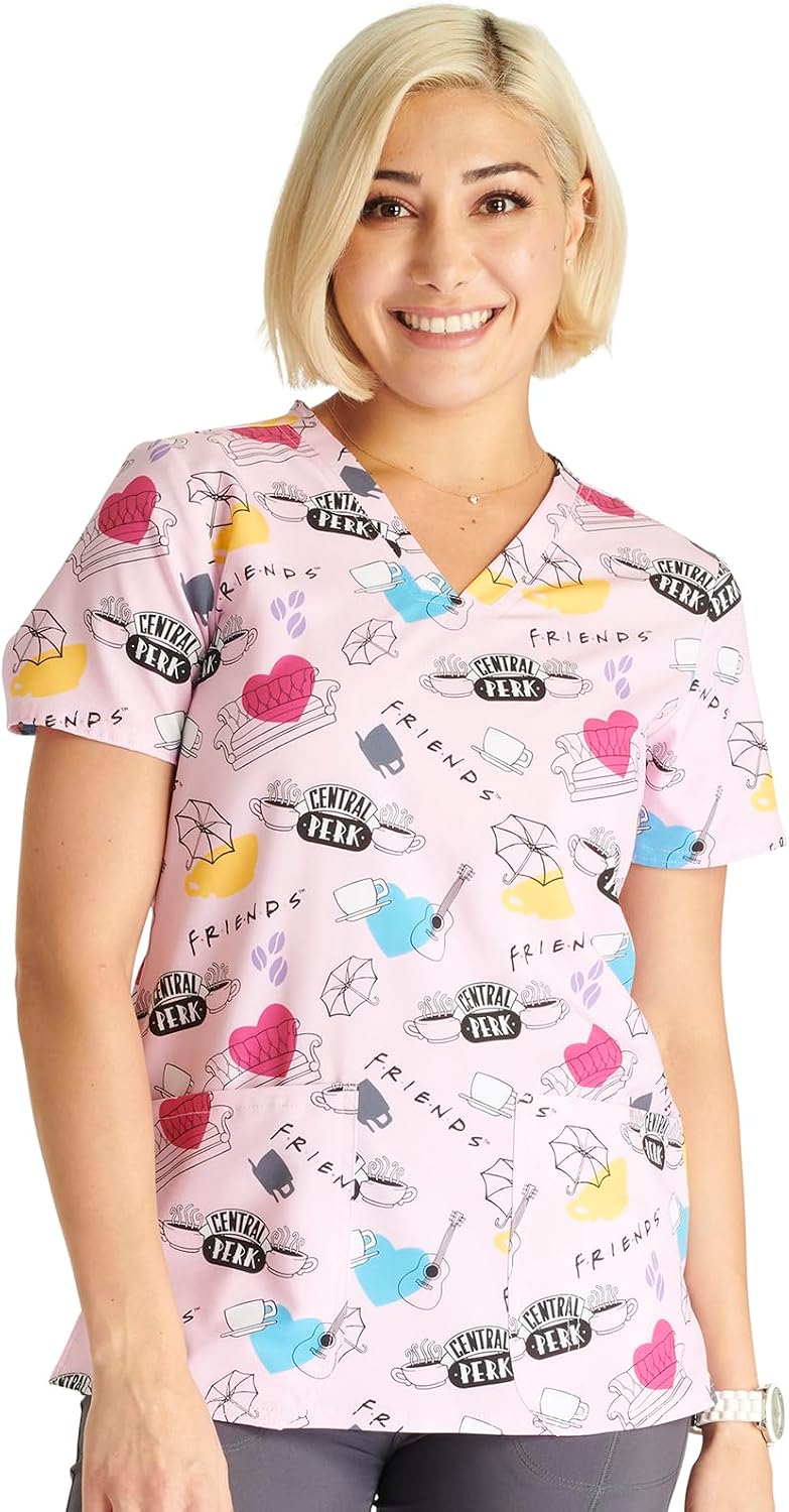 Tooniforms Nurse Gifts Women Scrubs Top V-Neck Print Modern Classic Fit - Coffee Time