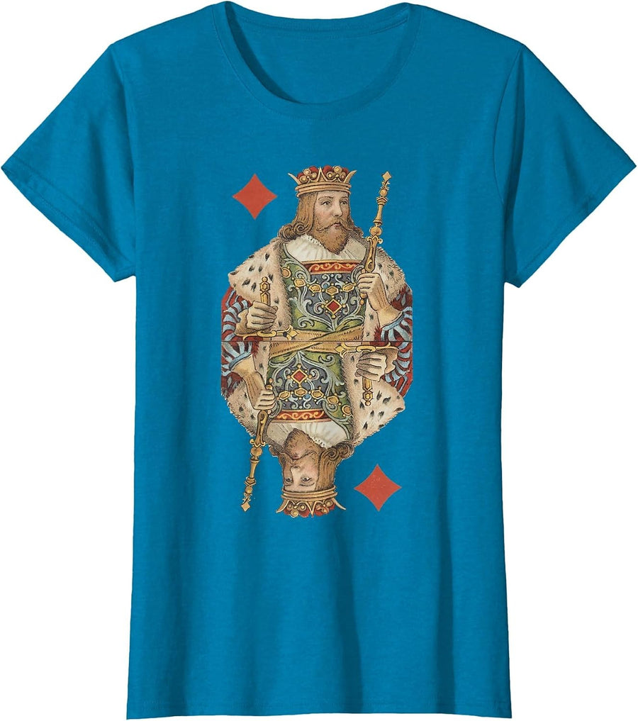 King of Diamonds Antique Art Nouveau Playing Card Art T-Shirt, Women, Sapphire Blue, Large - As Pictured