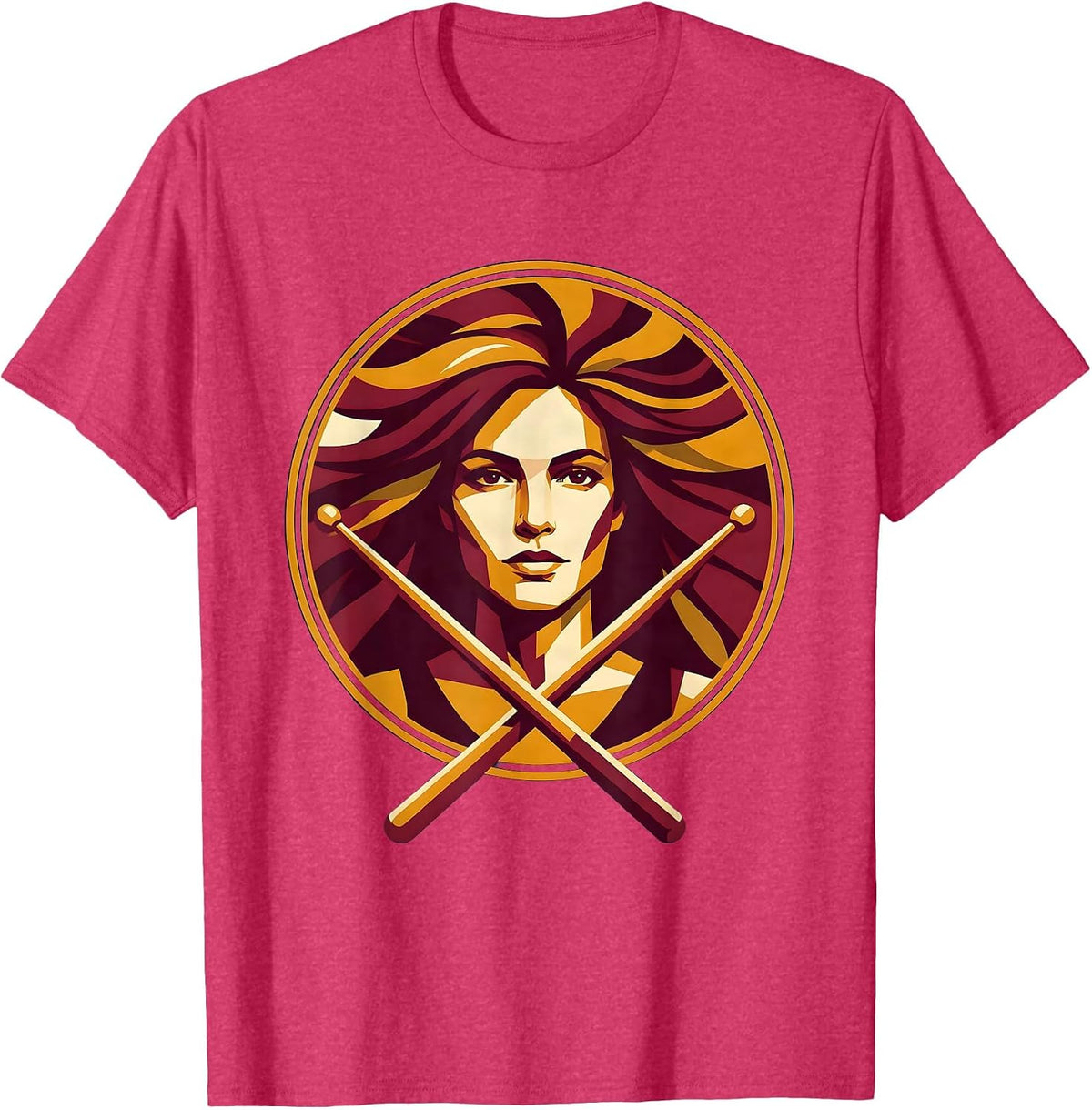 Woman Drummer Crossed Drumsticks Portrait Design T-Shirt - Red Heather