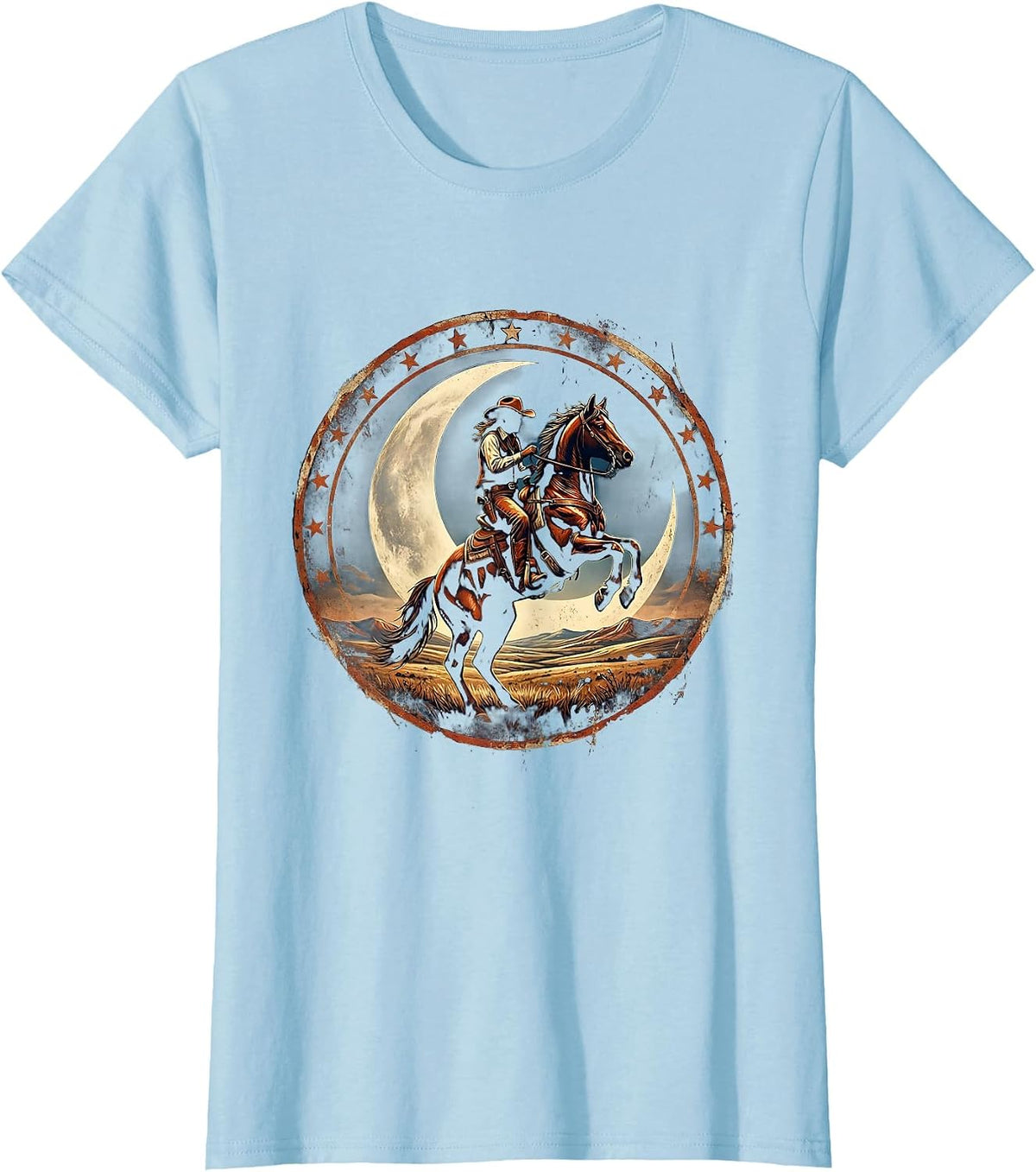 Cowgirl on Horseback Starry Night Sky Design T-Shirt - Baby Blue