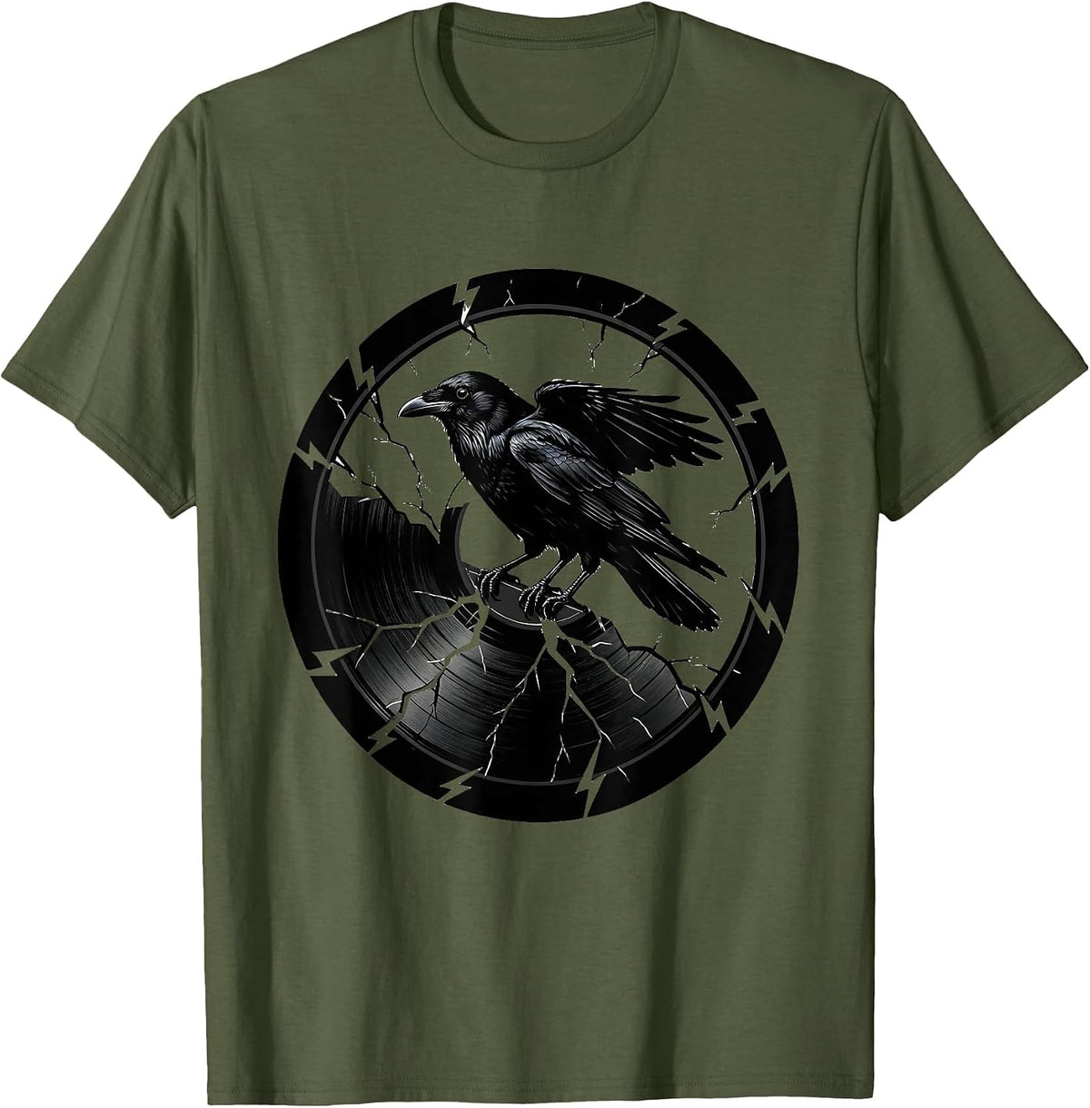 Crow on Cracked Vinyl Record Rock and Roll Art T-Shirt - Olive Green