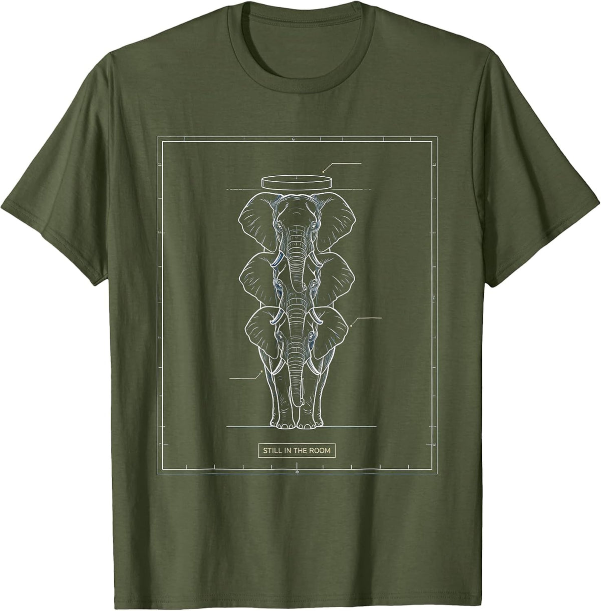 Still In The Room Technical Blueprint Elephant Lover Boho T-Shirt - Olive Green