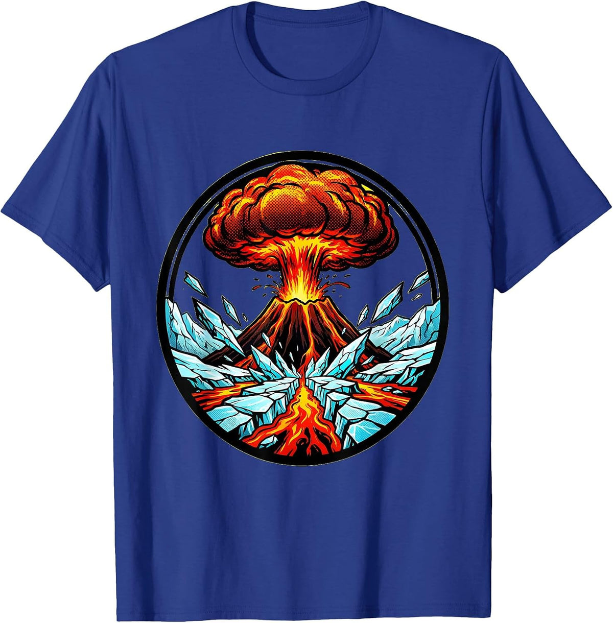Volcano Erupting Through Cracked Glacier Graphic T-Shirt - Royal Blue