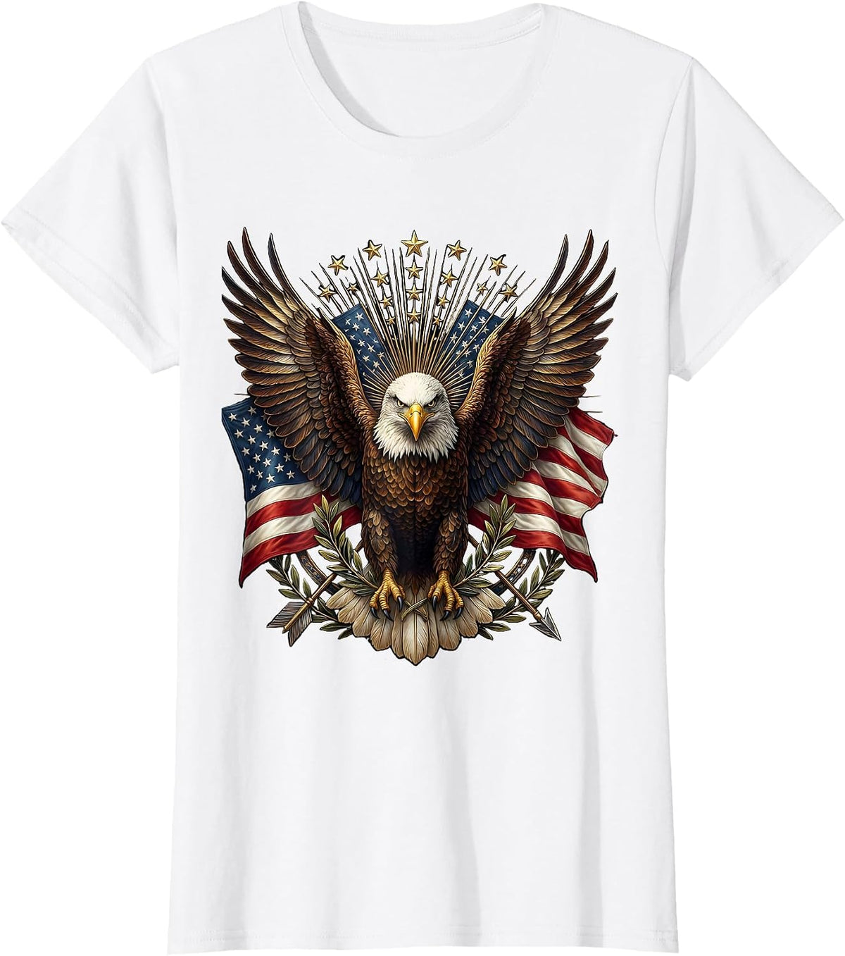 Bald Eagle Spread Wings Over American Flag T-Shirt - White