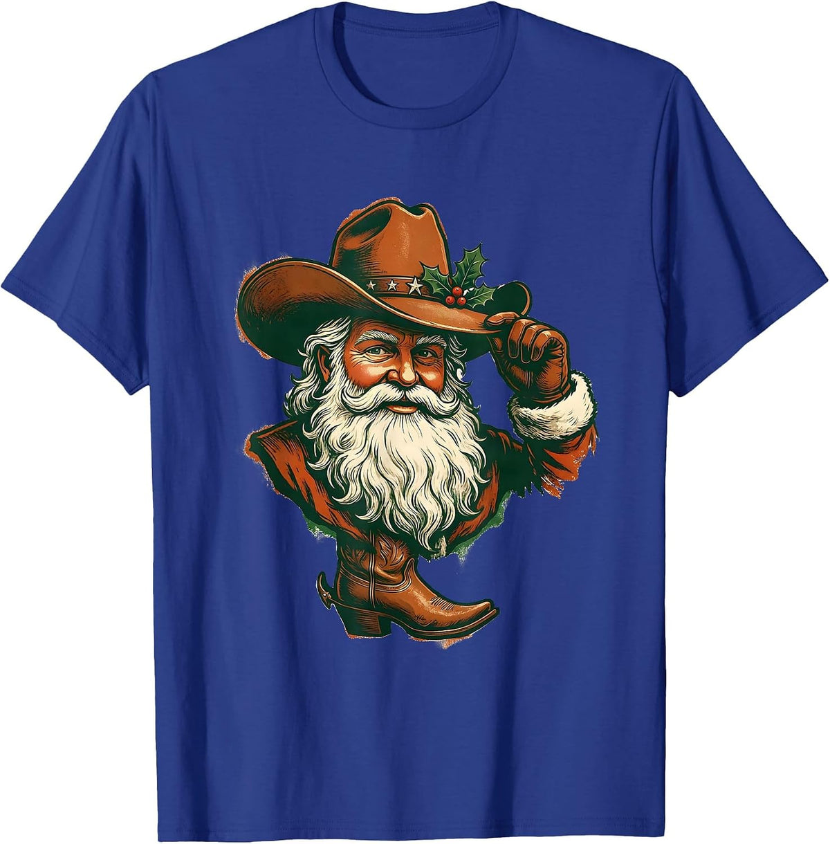 Cowboy Santa Bust Rubber Stamp Western Christmas T-Shirt - Royal Blue