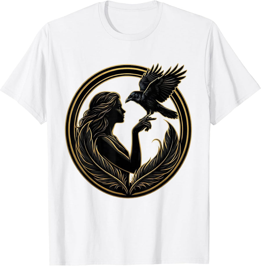 Men's Woman and Crow Illustration Nature Art Design T-Shirt - White