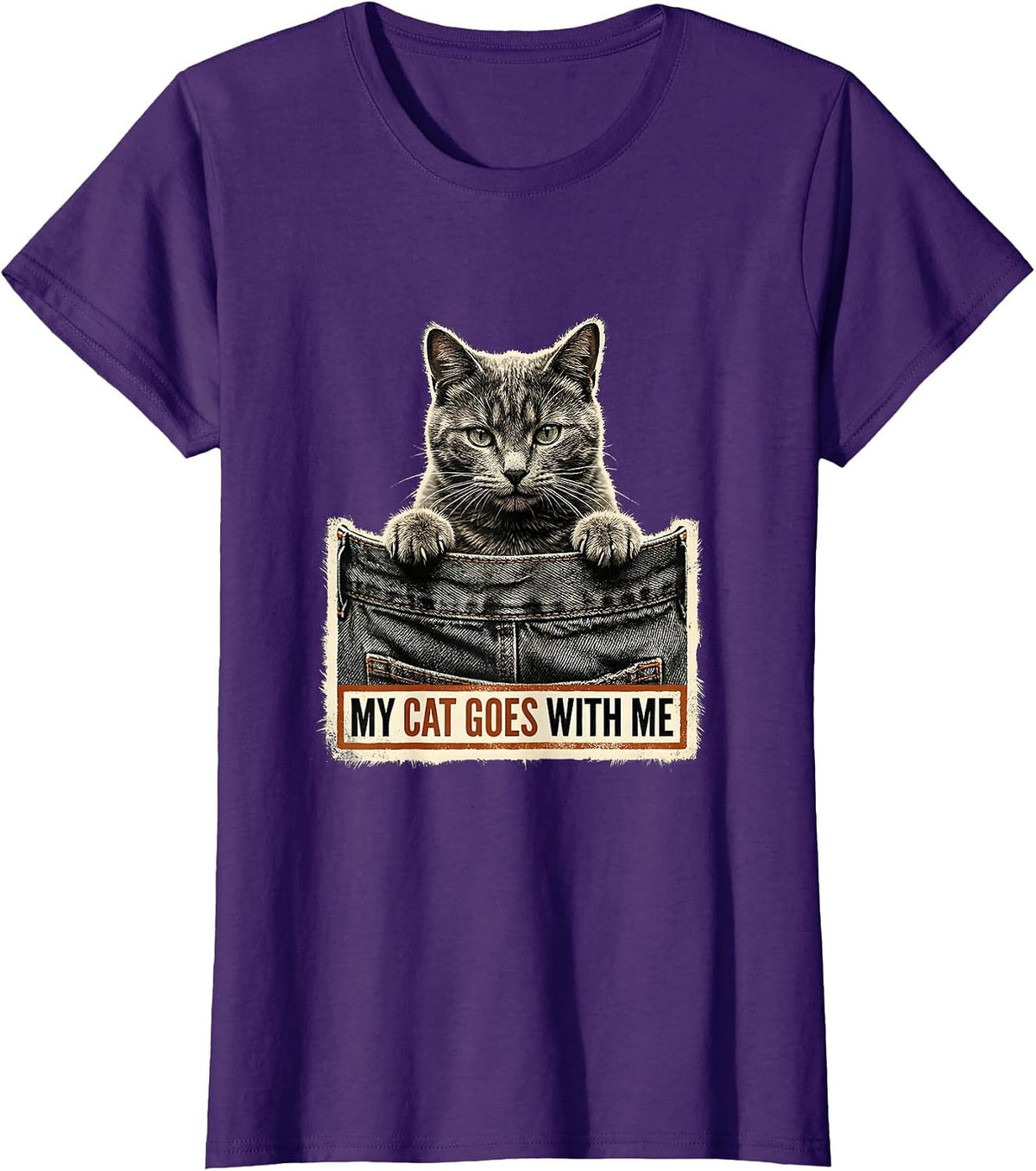 Women's My Cat Goes With Me Rubber Stamp Cat Lover Gift T-Shirt - Purple