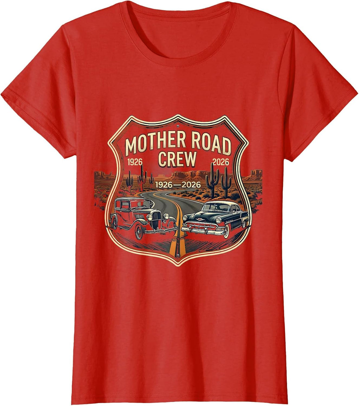 Mother Road Crew 1926-2026 Vintage Route 66 Centennial T-Shirt - Red