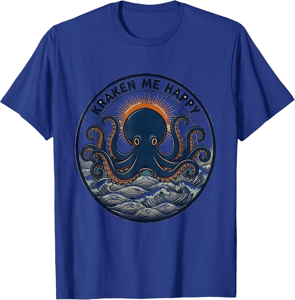 Men's Kraken Me Happy Ukiyo-e Octopus Lover Sea Creature T-Shirt - Royal Blue
