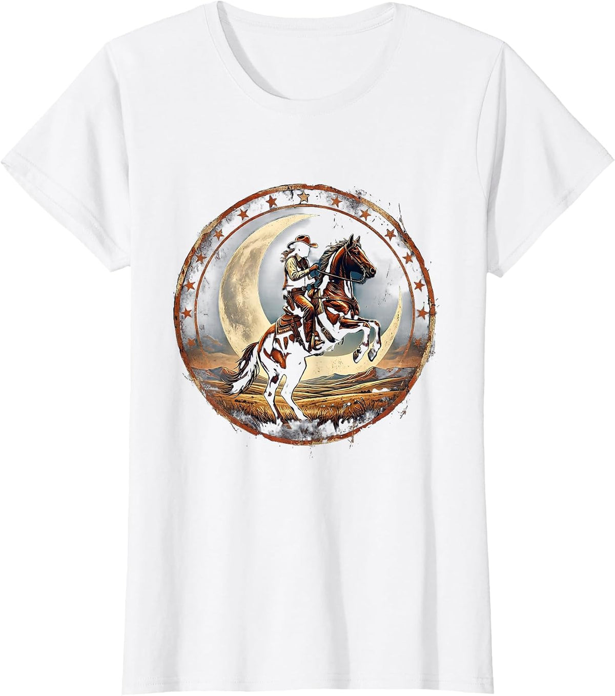 Cowgirl on Horseback Starry Night Sky Design T-Shirt - White