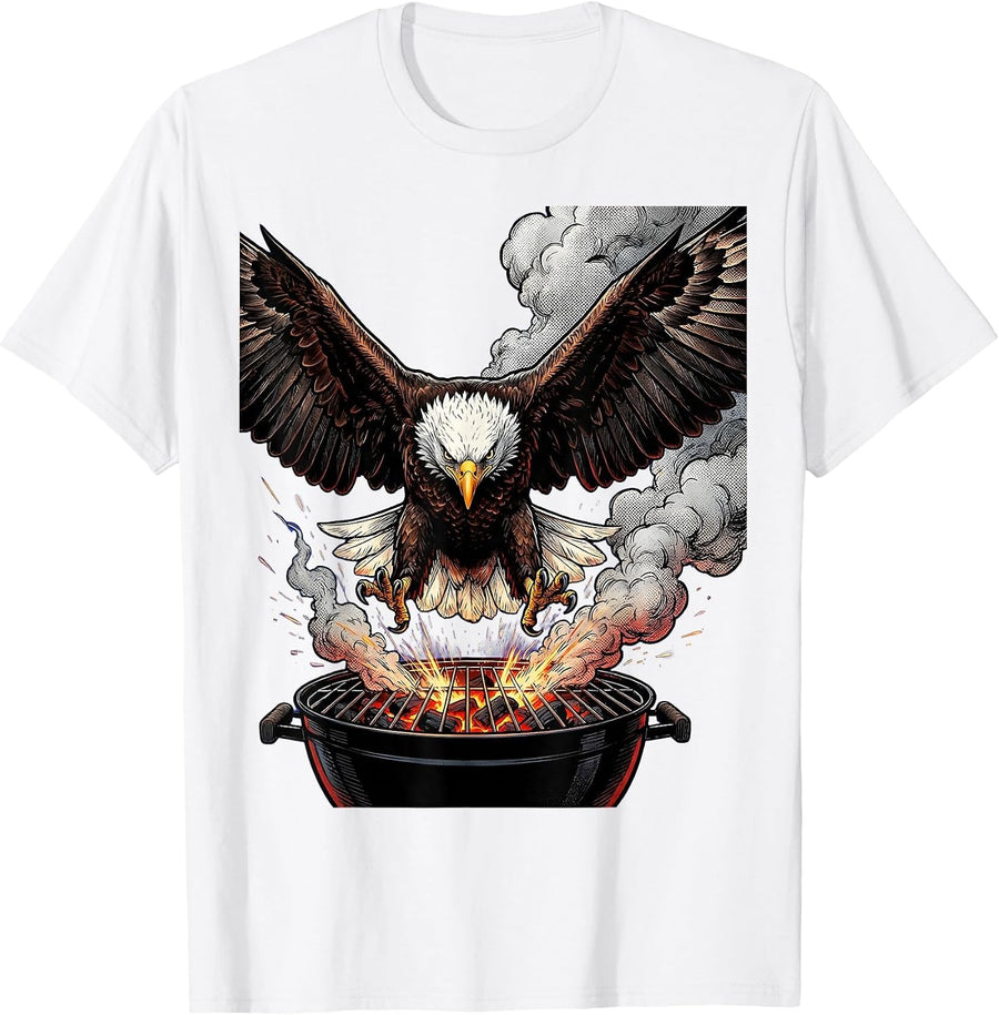 Men's Bald Eagle Landing on BBQ Grill Graphic T-Shirt - White