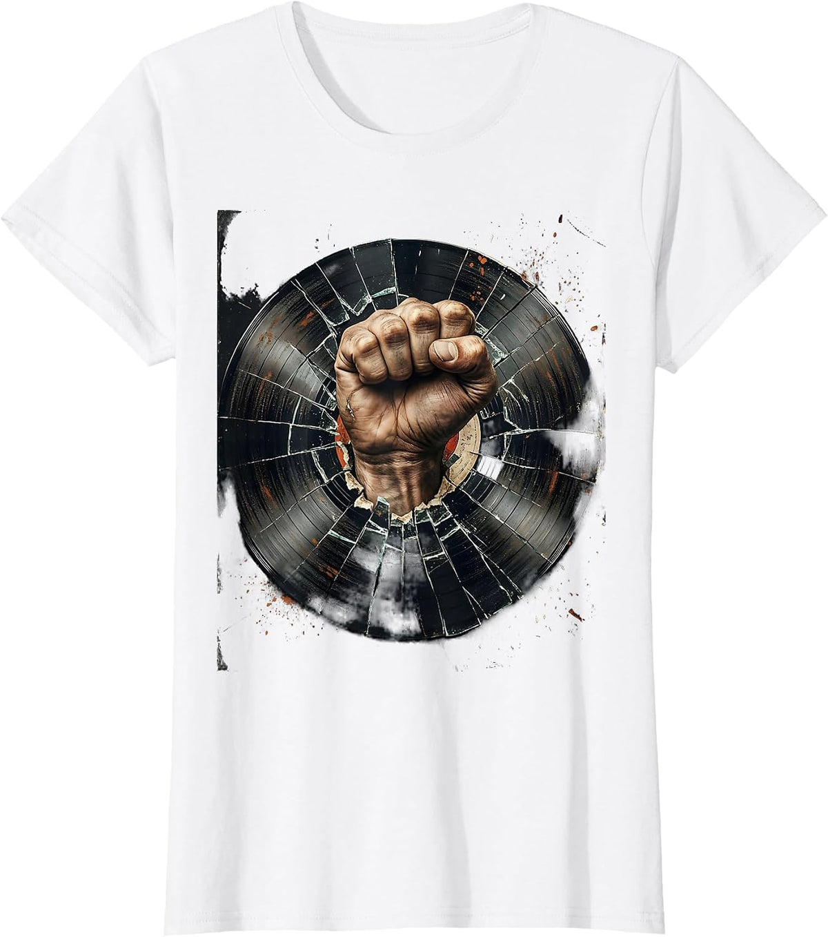 Punk Fist Smashing Vinyl Record Graphic Tee T-Shirt - White