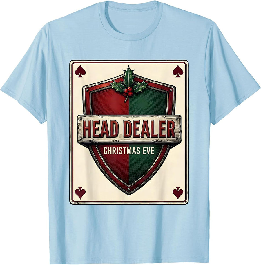 Men's Head Dealer Christmas Eve Funny Poker Card Player Holiday T-Shirt - Baby Blue