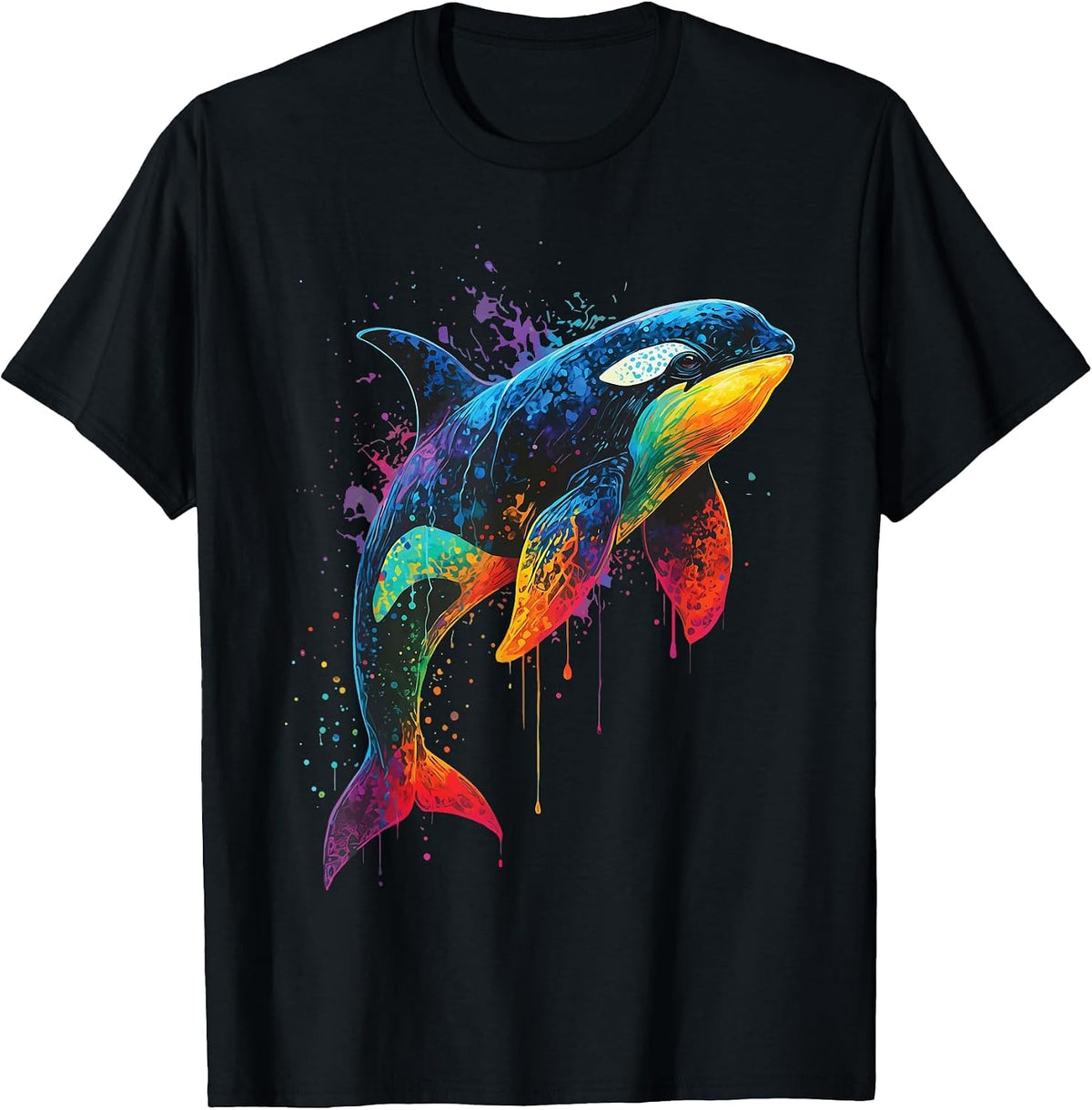 Orca Whale Colorful Watercolor T-Shirt - Black