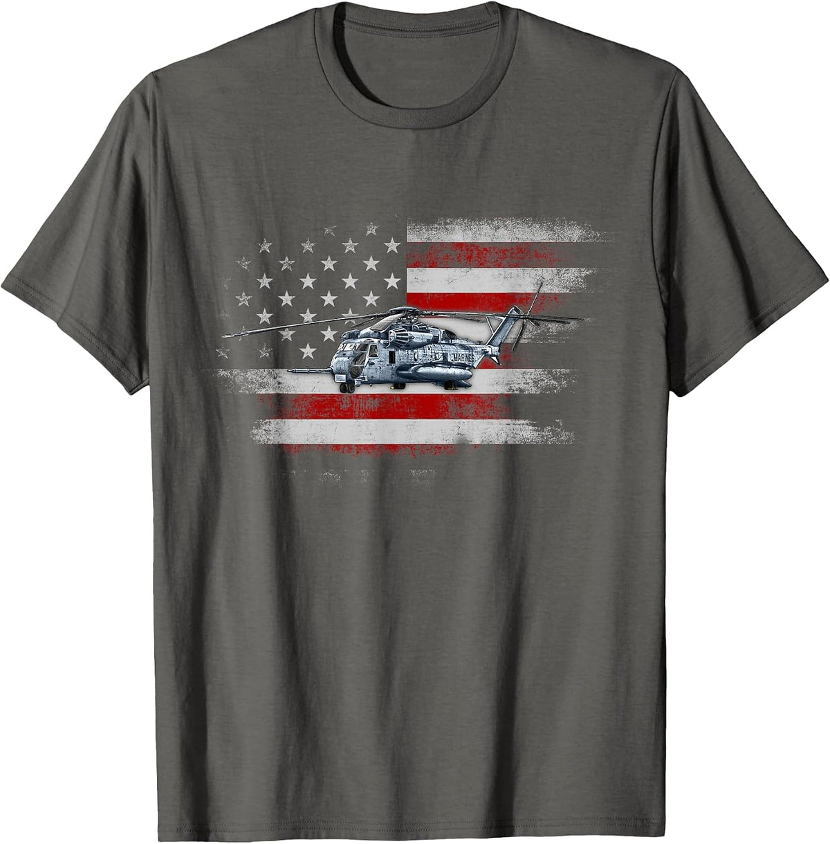 Patriotic CH-53 and MH-53 Helicopter Flag Helicopter Pilot T-Shirt - Asphalt Grey