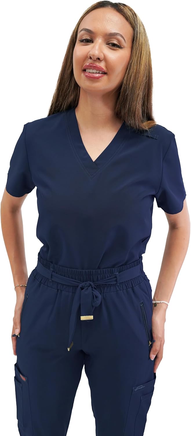 FUBU Women's 5-Pocket V-Neck Scrub Top Medical Nursing Uniform - Navy