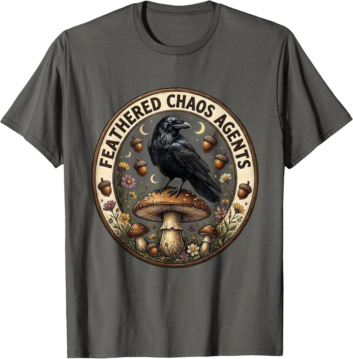 Men's Feathered Chaos Agents Caw Crow Design T-Shirt - Asphalt Grey