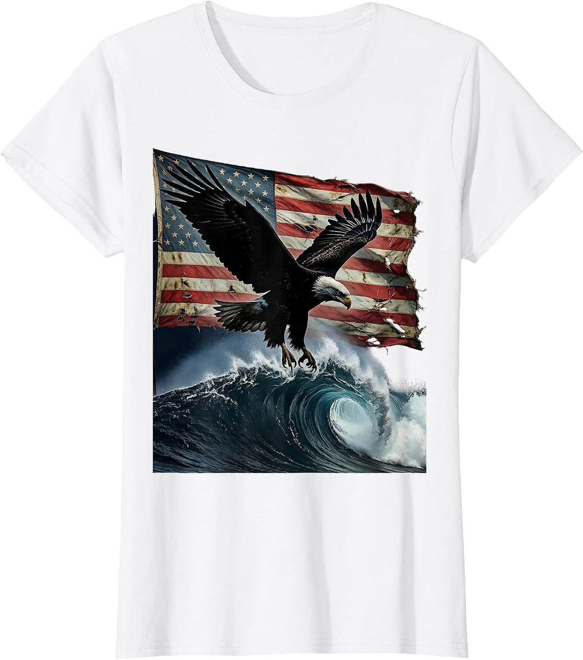 Women's Bald Eagle Diving Ocean Wave USA Freedom T-Shirt - White