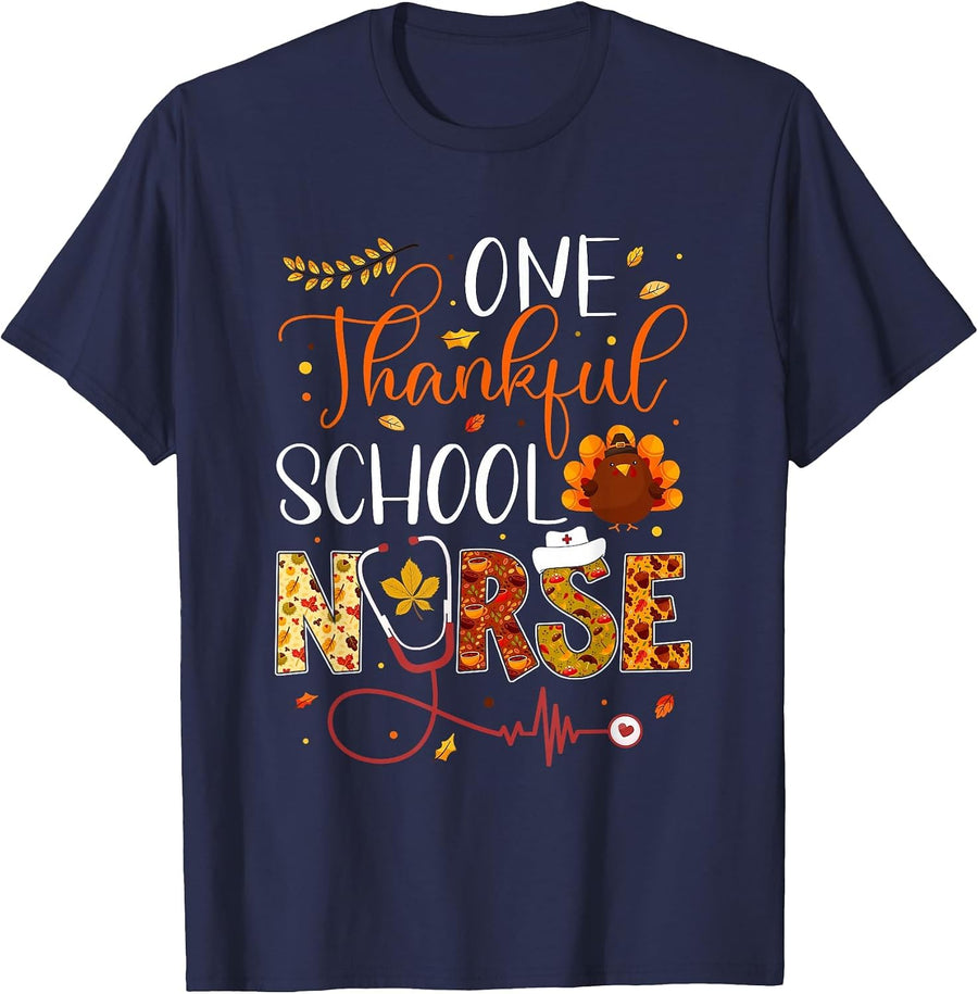 One Thankful School Nurse Thanksgiving Day Nurse Turkey T-Shirt - Navy Blue