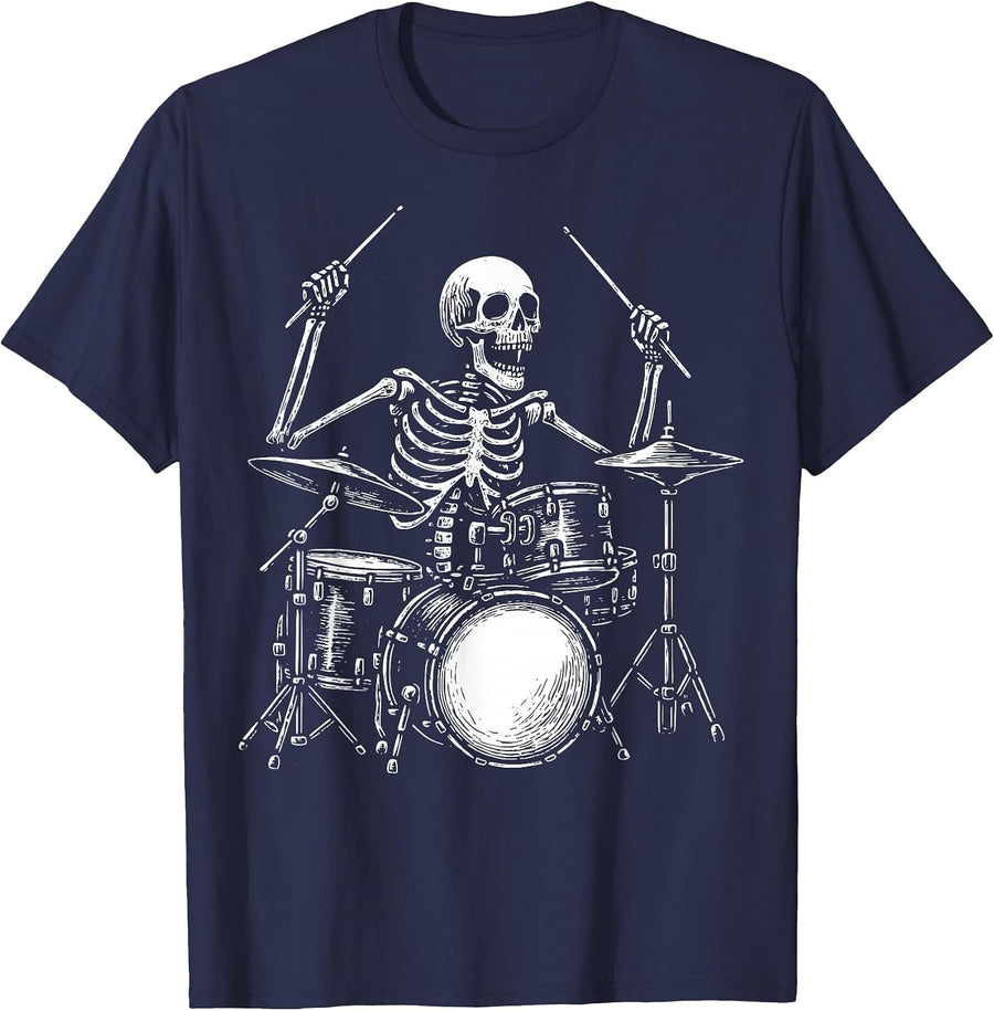 Skeleton Drummer Drums T-Shirt - Navy Blue