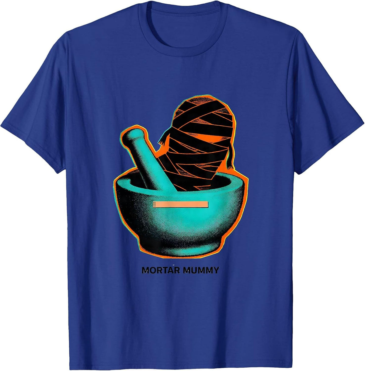 Men's Mortar Mummy Risograph Halloween Pharmacy Tech Crew T-Shirt - Royal Blue