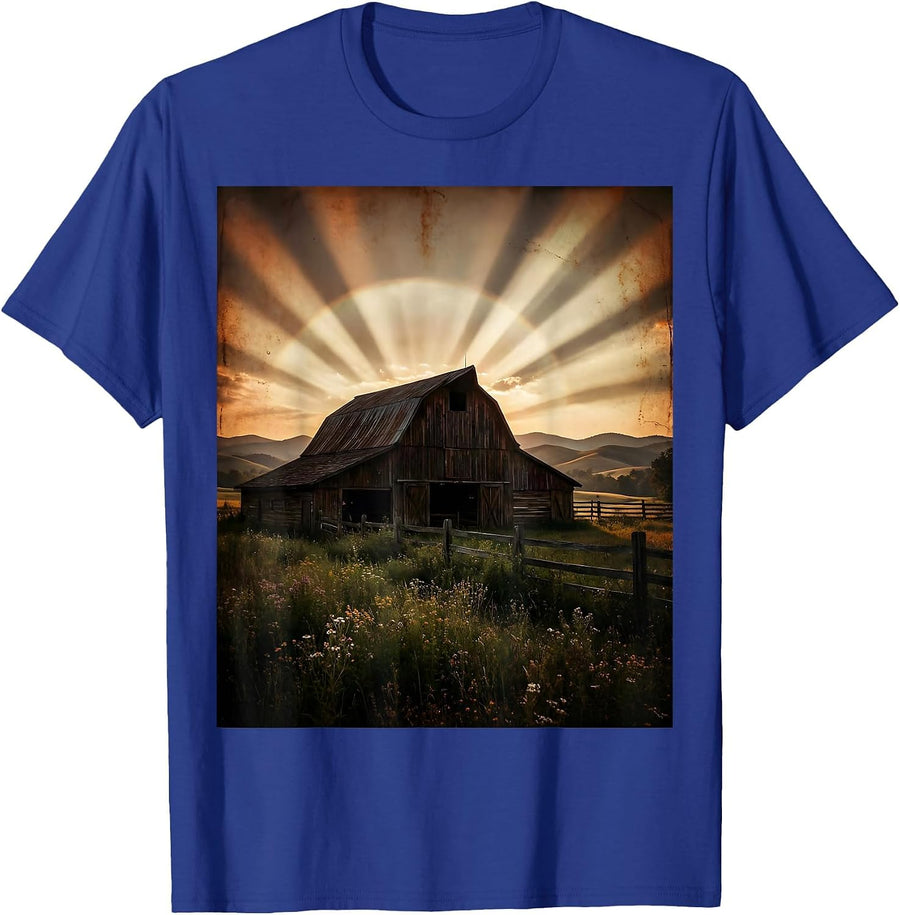 Barn at Dusk Rolling Hills Scenic Illustration T-Shirt - Royal Blue