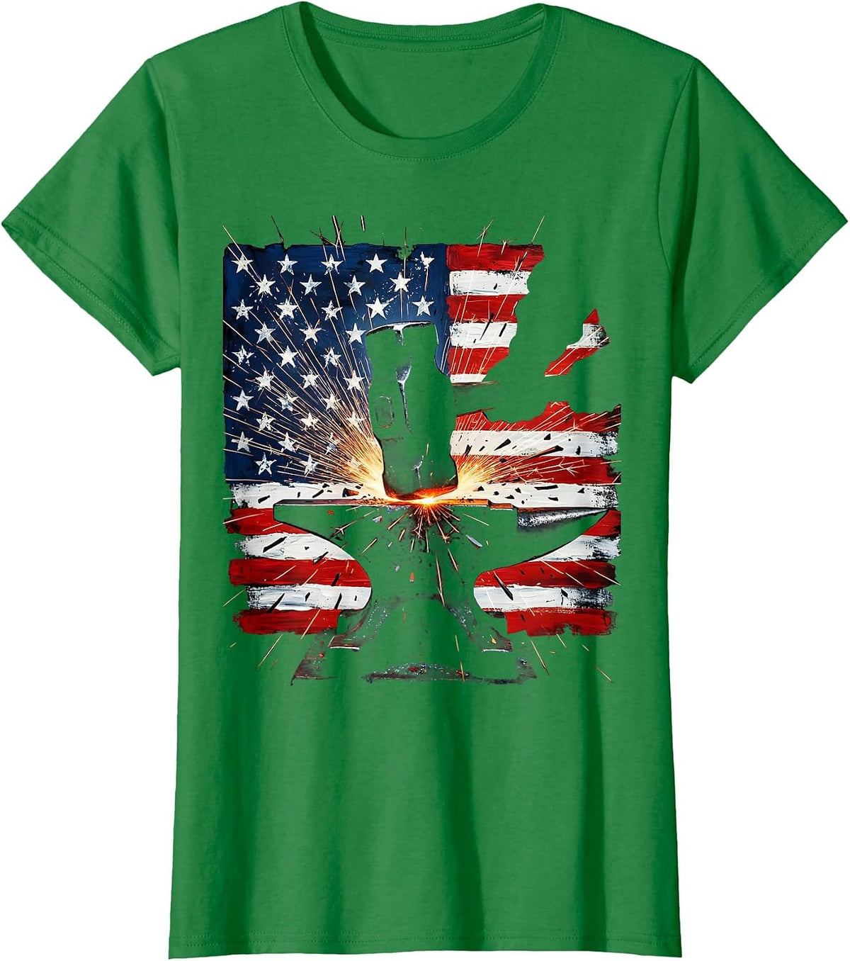 Patriotic Blacksmith Hammer and Anvil Sparks T-Shirt - Kelly Green