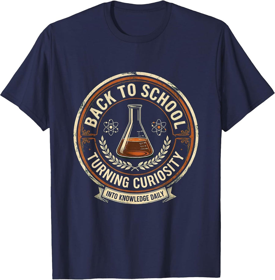 Back to School Science Teacher Curiosity Design T-Shirt - Navy Blue