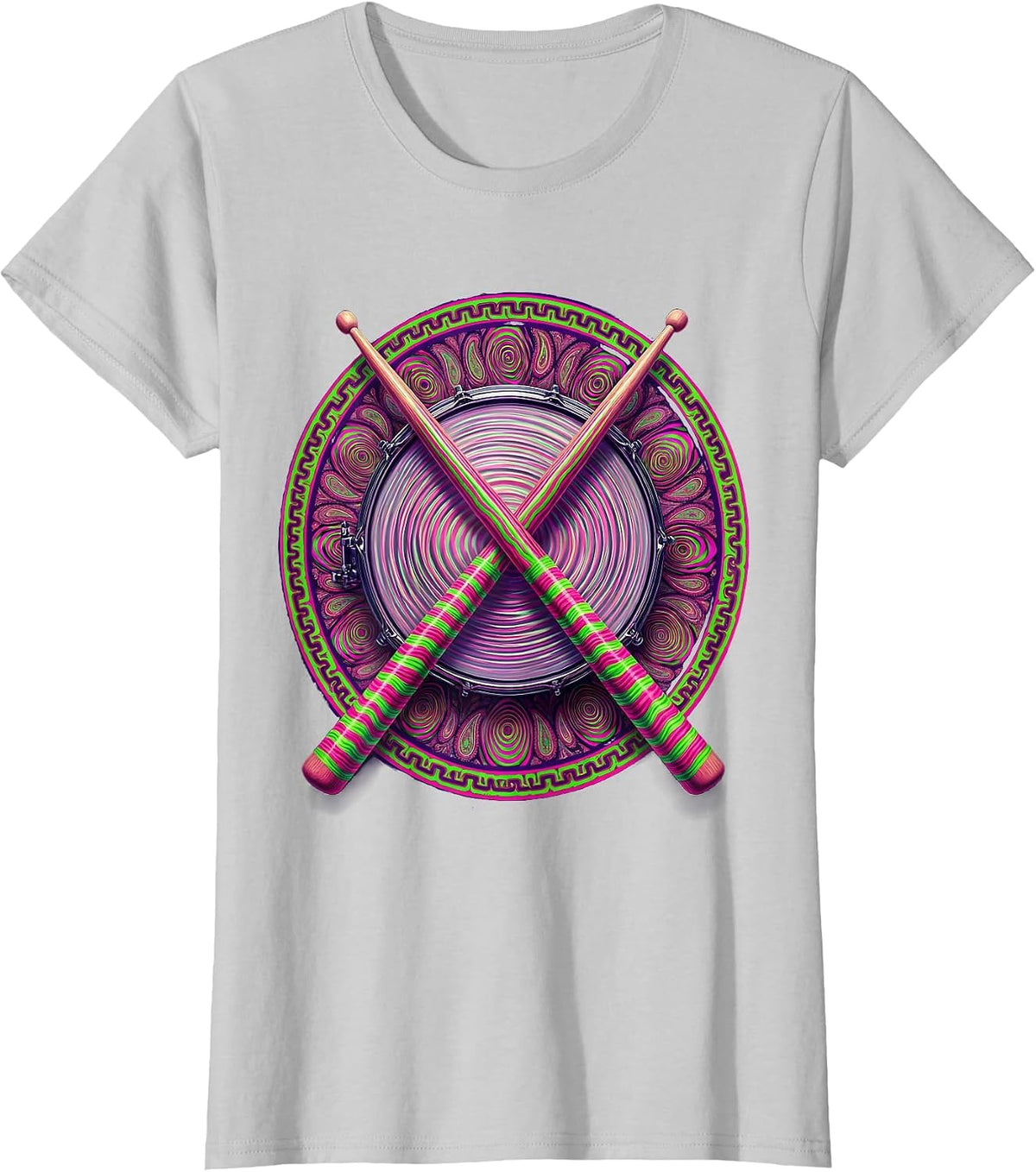 Women's Crossed Drumsticks Snare Drum Percussion Graphic T-Shirt - Silver Grey
