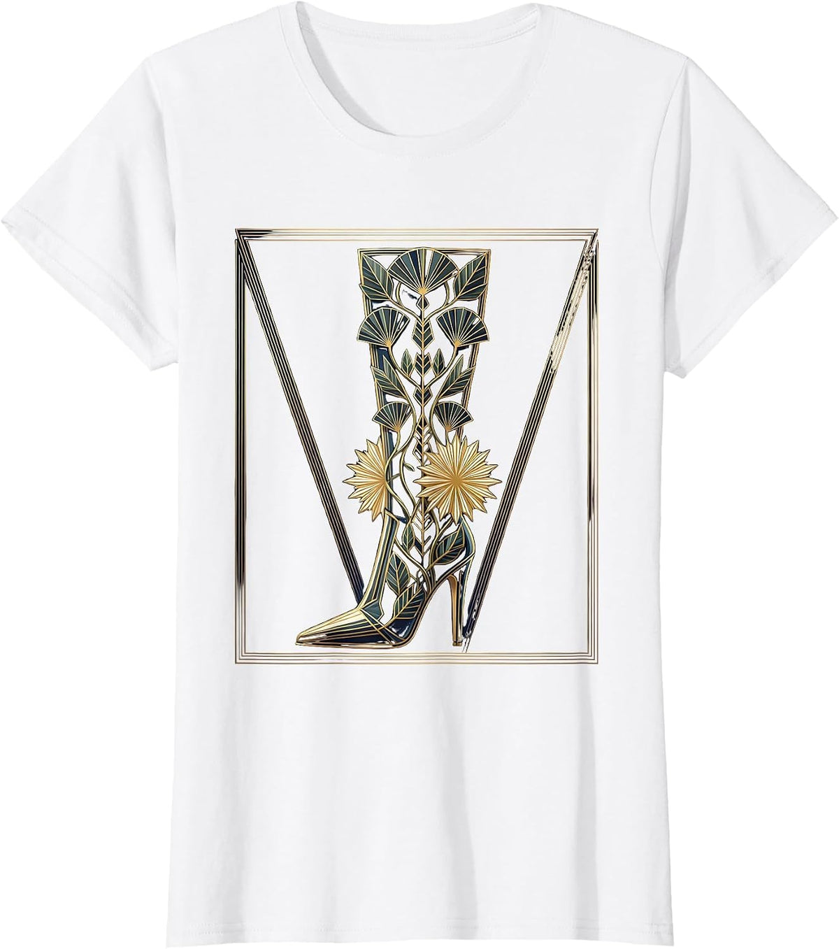Vintage Romance High Heel Boot with Climbing Vines T-Shirt - White