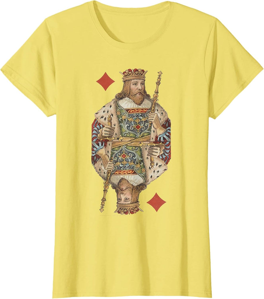 King of Diamonds Antique Art Nouveau Playing Card Art T-Shirt, Women, Lemon Yellow, Large - As Pictured