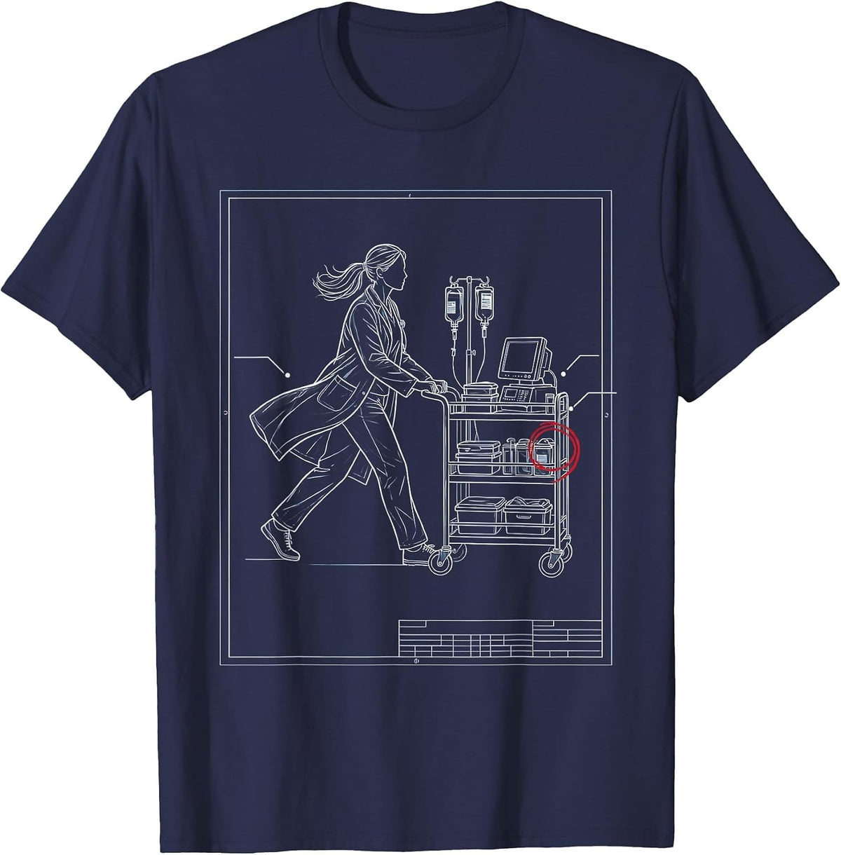 Medical Assistant Running with Supply Cart Illustration T-Shirt - Navy Blue