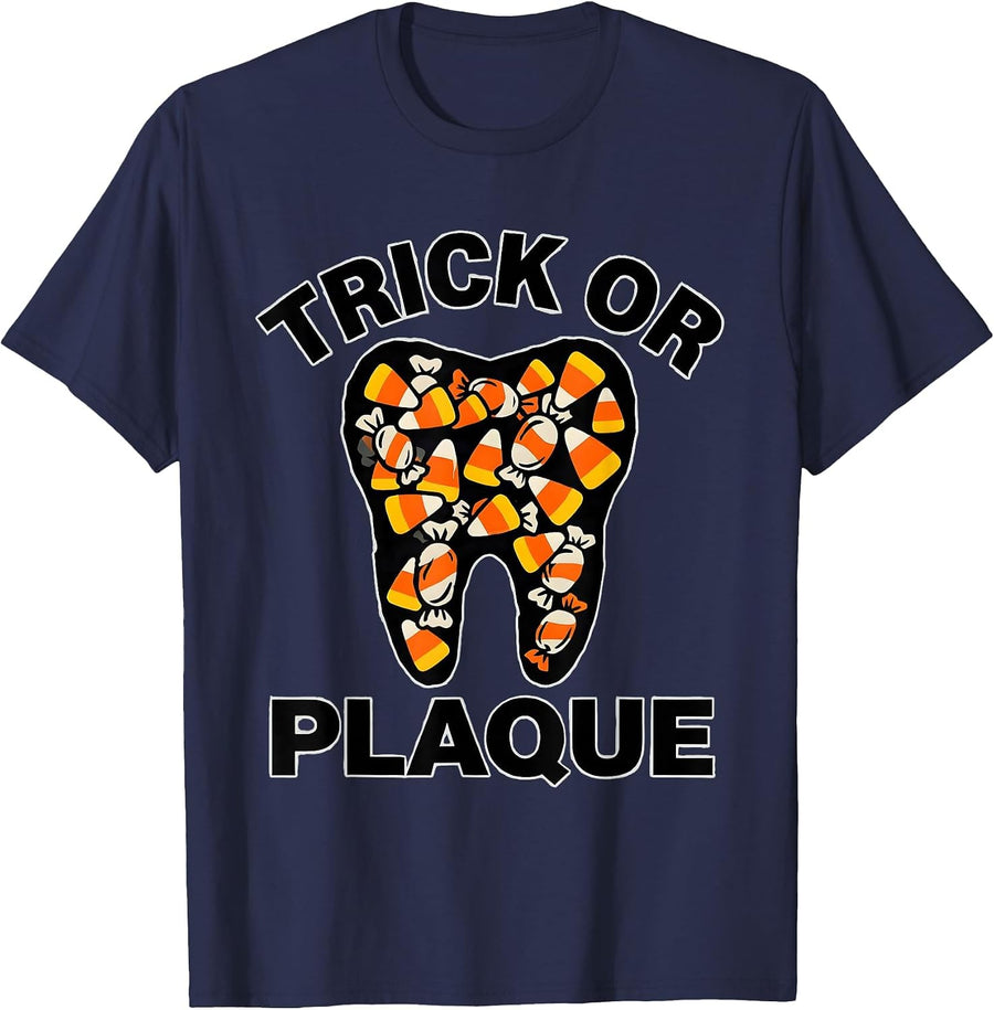 Trick Or Plaque Stencil Halloween Dental Hygienist Costume T-Shirt - Navy Blue