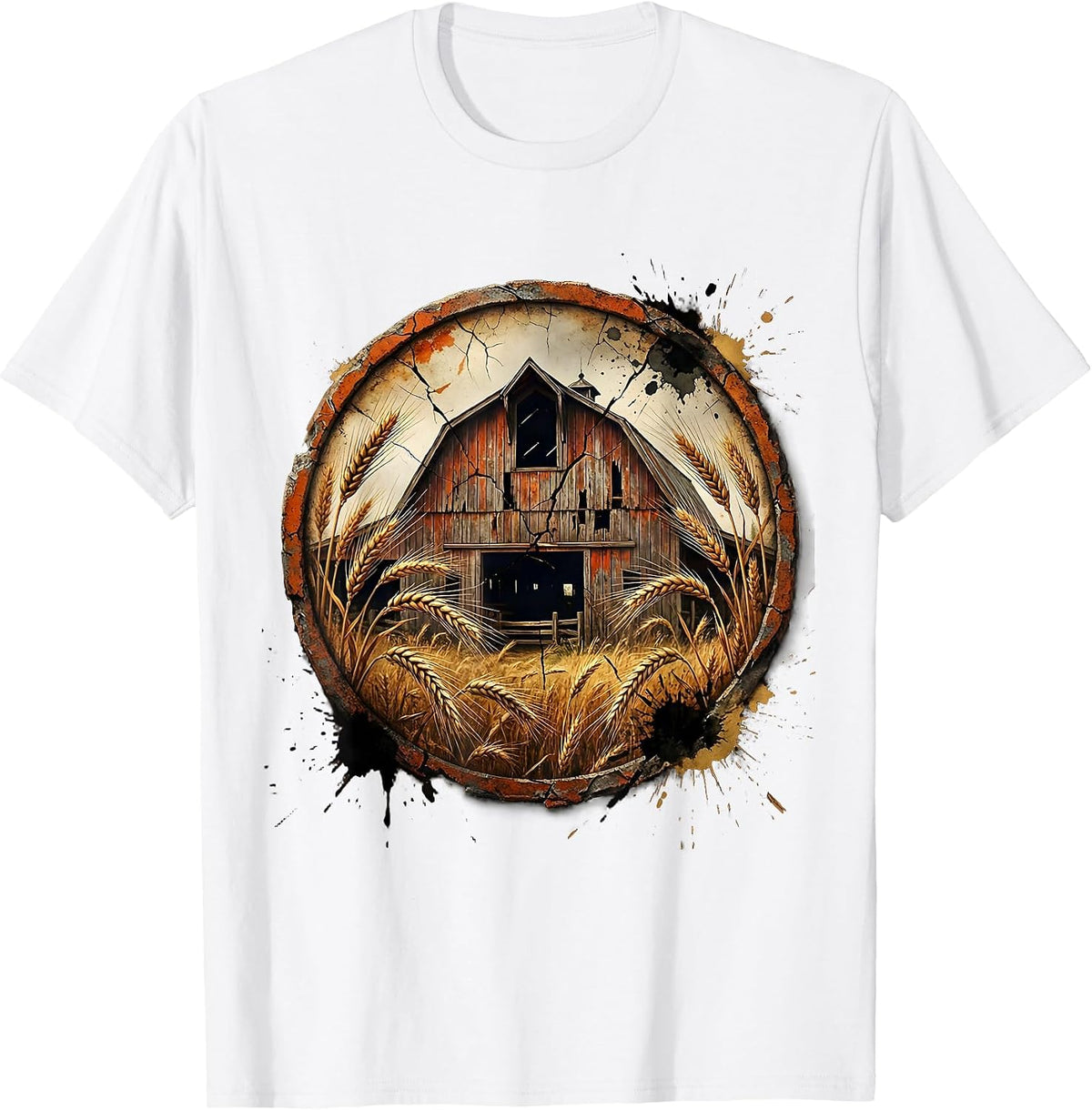 Men's Weathered Barn Wheat Field Rustic Farmland Art T-Shirt - White
