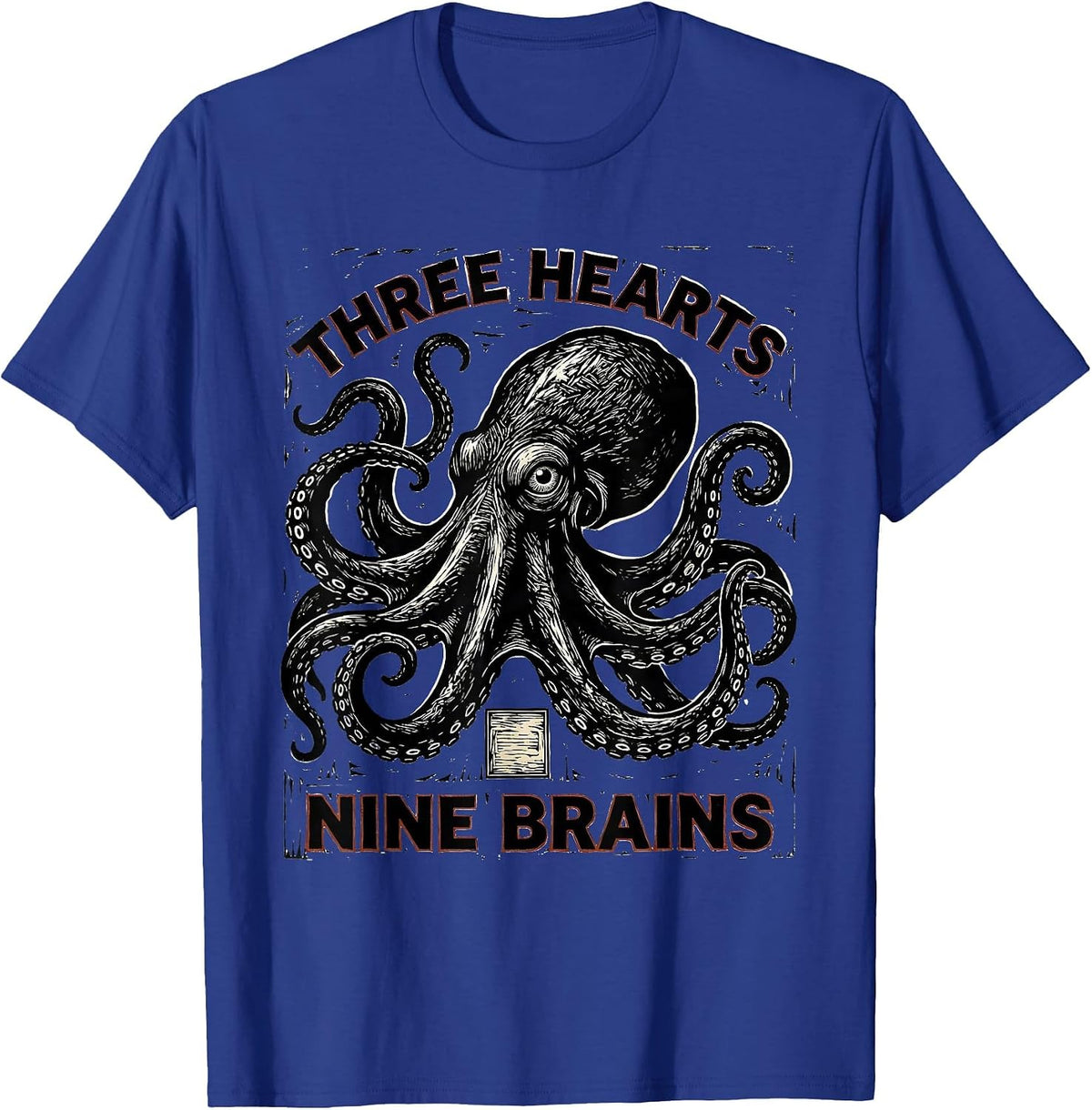Three Hearts Nine Brains Linocut Octopus Ocean Lover Art T-Shirt - Royal Blue