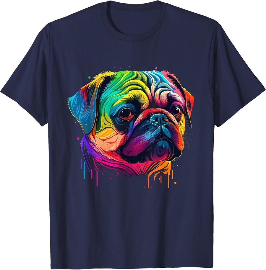 Pug Colorful Pop Art Splash Art Tie Dye Rainbow T-Shirt - Navy Blue